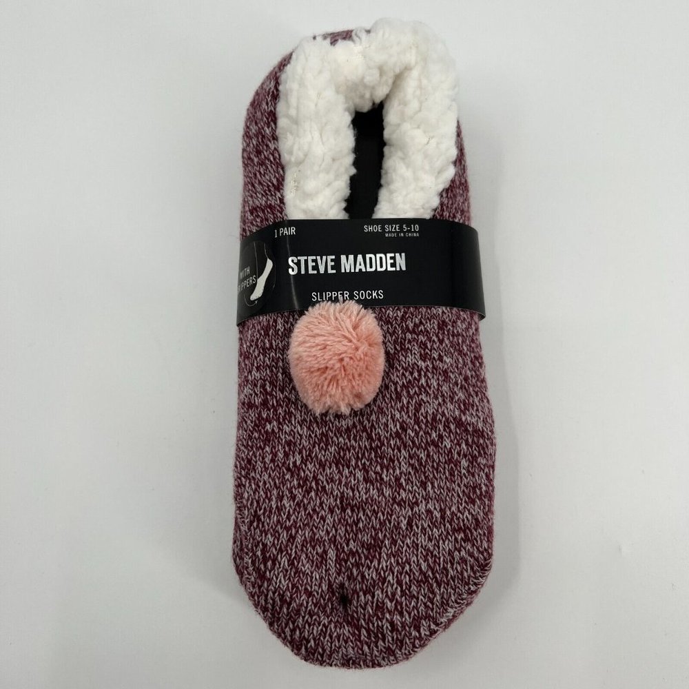 Steve Madden Women's Slipper Sock Maroon Non-Slip Grippers Sherpa-lined 5-10